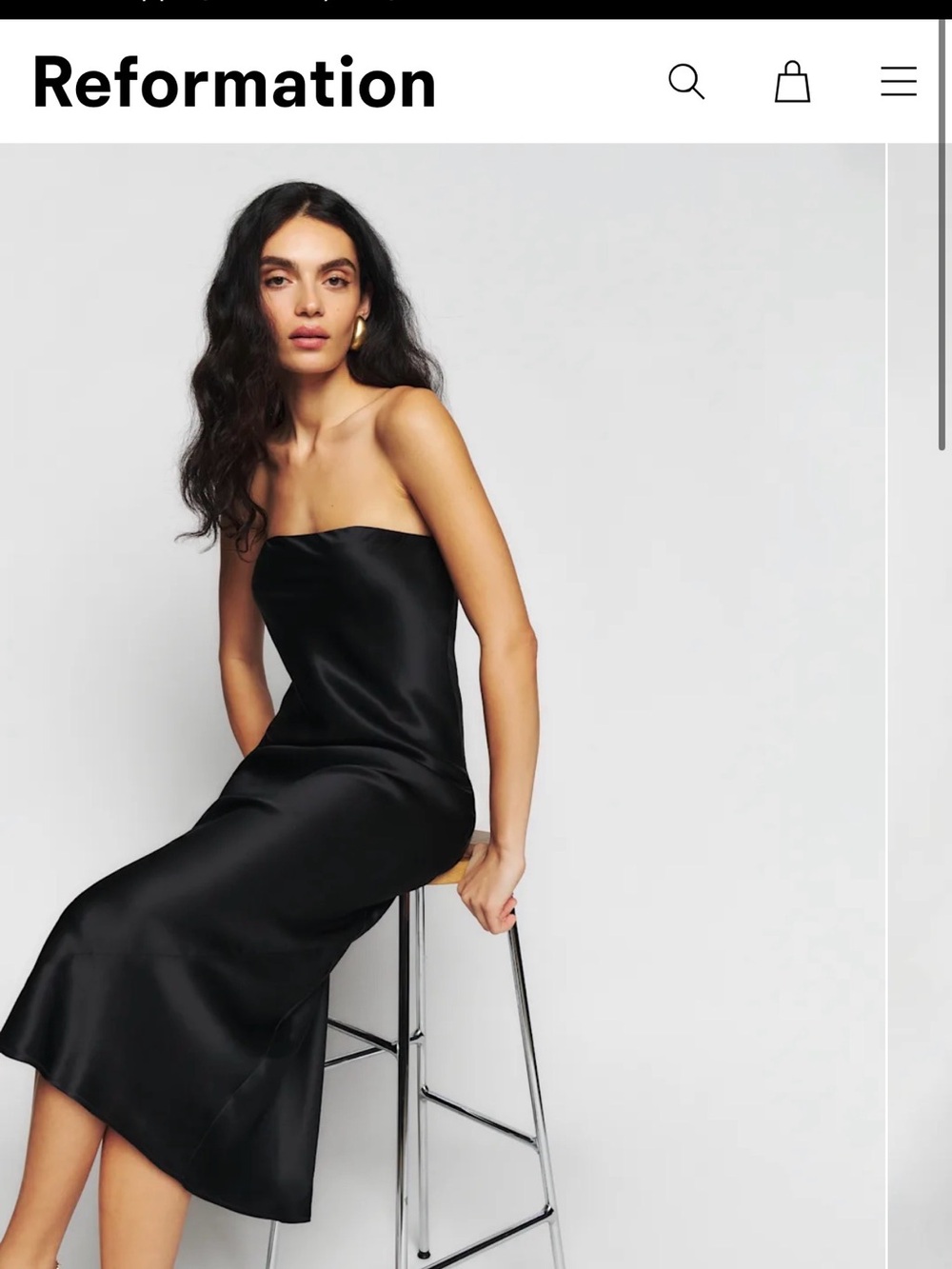 Reformation Black Strapless Satin Midi Slip Dress